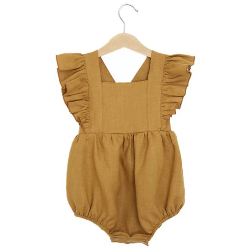 Vintage Linen Cotton Baby Girls Romper Summer Ruffles Lace Sleeveless Jumpsuit for Toddler Girls One-Piece Children Clothing