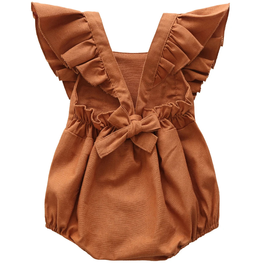 Vintage Linen Cotton Baby Girls Romper Summer Ruffles Lace Sleeveless Jumpsuit for Toddler Girls One-Piece Children Clothing