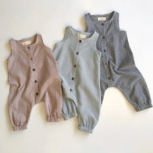0-18M Baby Girl Boy Rompers Sleeveless Plaids Romper Cotton Jumpsuit Overall Casual Clothes