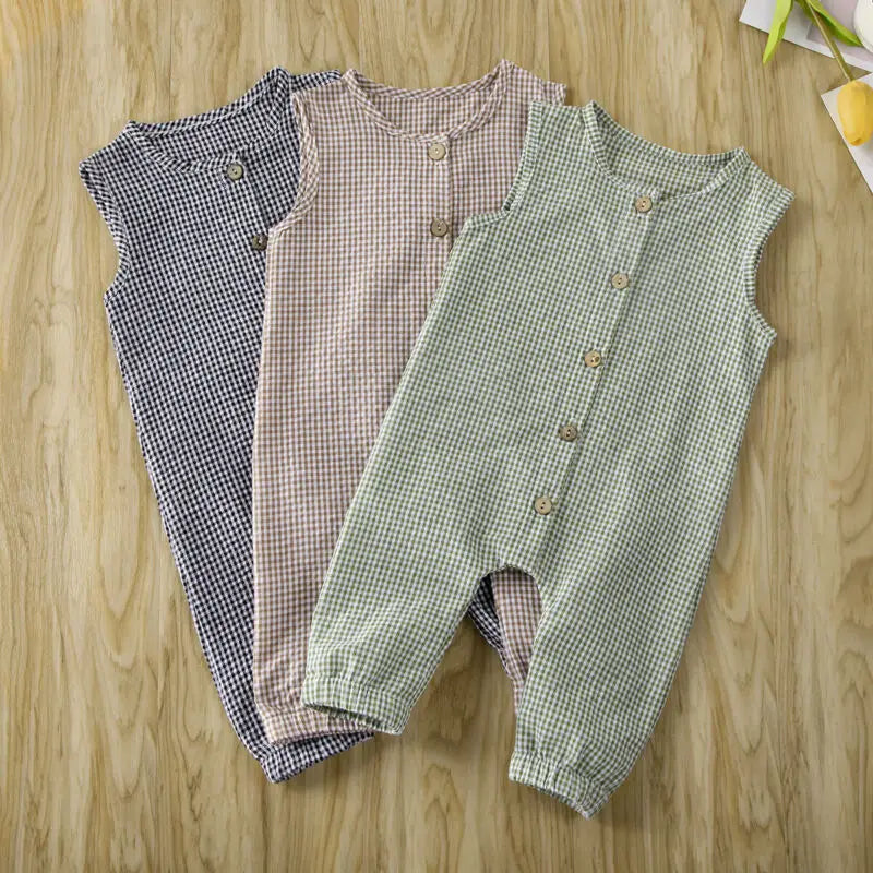 0-18M Baby Girl Boy Rompers Sleeveless Plaids Romper Cotton Jumpsuit Overall Casual Clothes