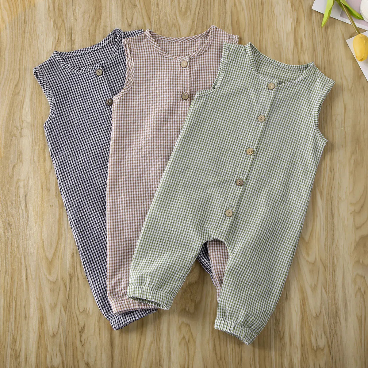 0-18M Baby Girl Boy Rompers Sleeveless Plaids Romper Cotton Jumpsuit Overall Casual Clothes