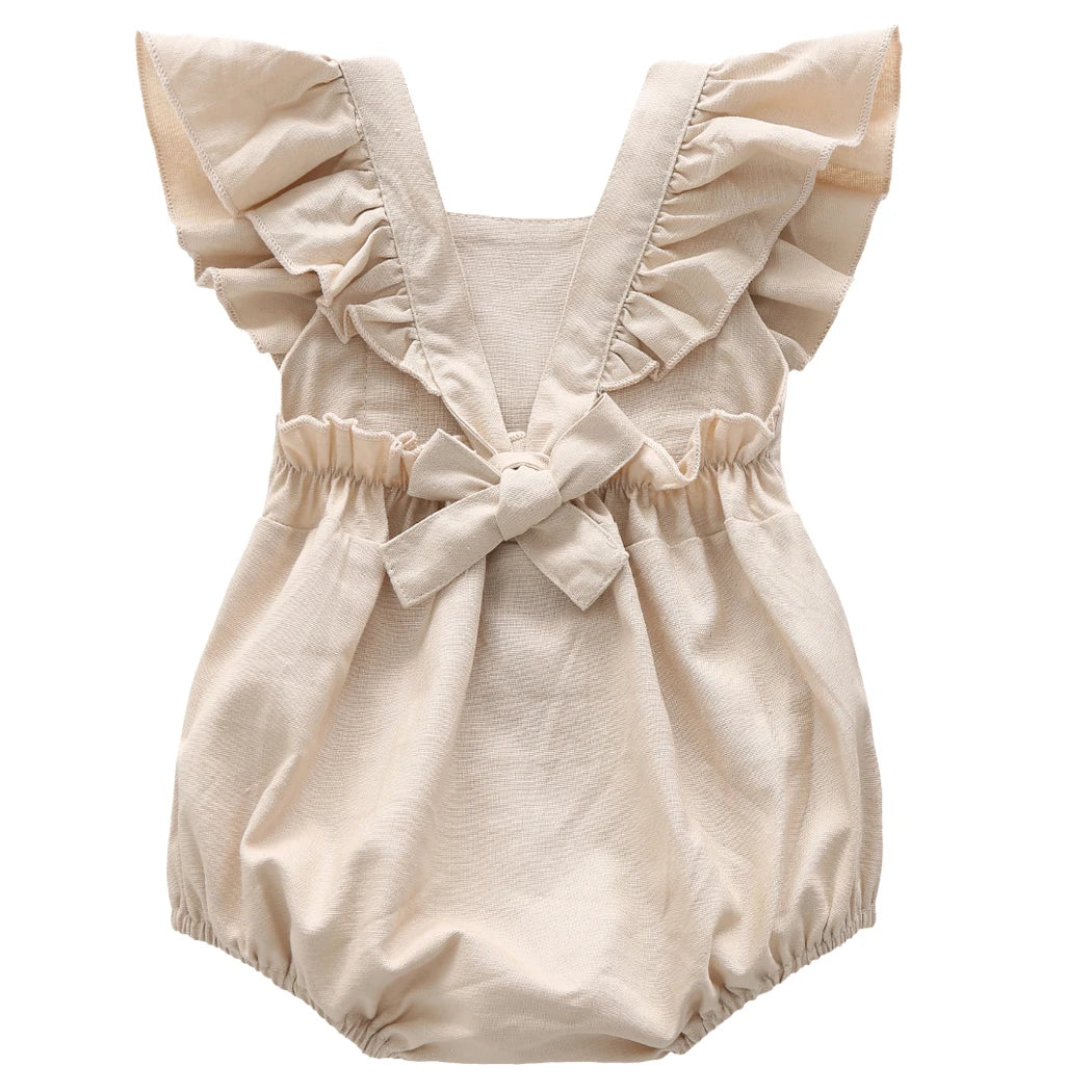 Vintage Linen Cotton Baby Girls Romper Summer Ruffles Lace Sleeveless Jumpsuit for Toddler Girls One-Piece Children Clothing
