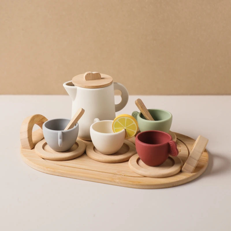 Wooden Children Montessori Toy Teapot Teacup Simulation Kitchen Utensil BPA Free Silicone Kid Education Pretend Play Toy Gift