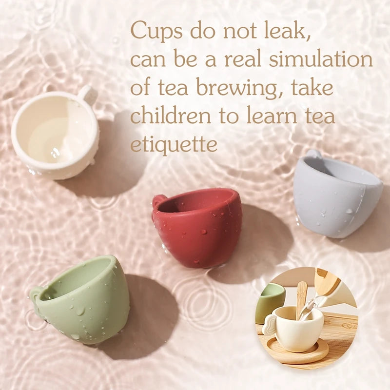 Wooden Children Montessori Toy Teapot Teacup Simulation Kitchen Utensil BPA Free Silicone Kid Education Pretend Play Toy Gift