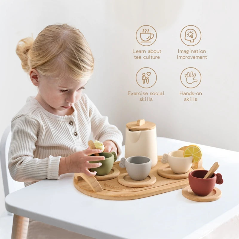 Wooden Children Montessori Toy Teapot Teacup Simulation Kitchen Utensil BPA Free Silicone Kid Education Pretend Play Toy Gift