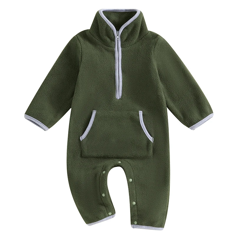 Lioraitiin 0-12M Autumn Winter Baby Boys Fleece Romper Long Sleeve Stand Collar Pockets Plush Overalls Jumpsuits with Zipper