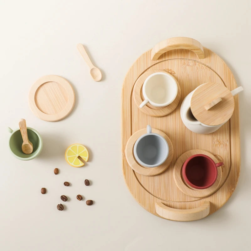 Wooden Children Montessori Toy Teapot Teacup Simulation Kitchen Utensil BPA Free Silicone Kid Education Pretend Play Toy Gift