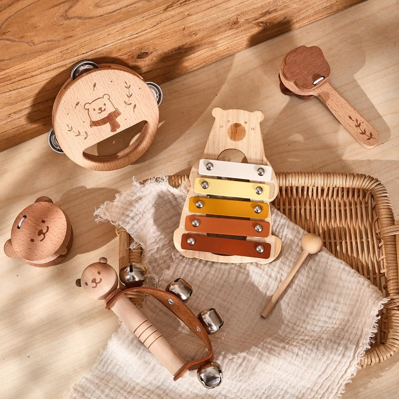 Kids Wooden Montessori Toys Musical Instruments Rattle Bell Drum Xylophone Percussion for Baby Early Educational Instruments Toy
