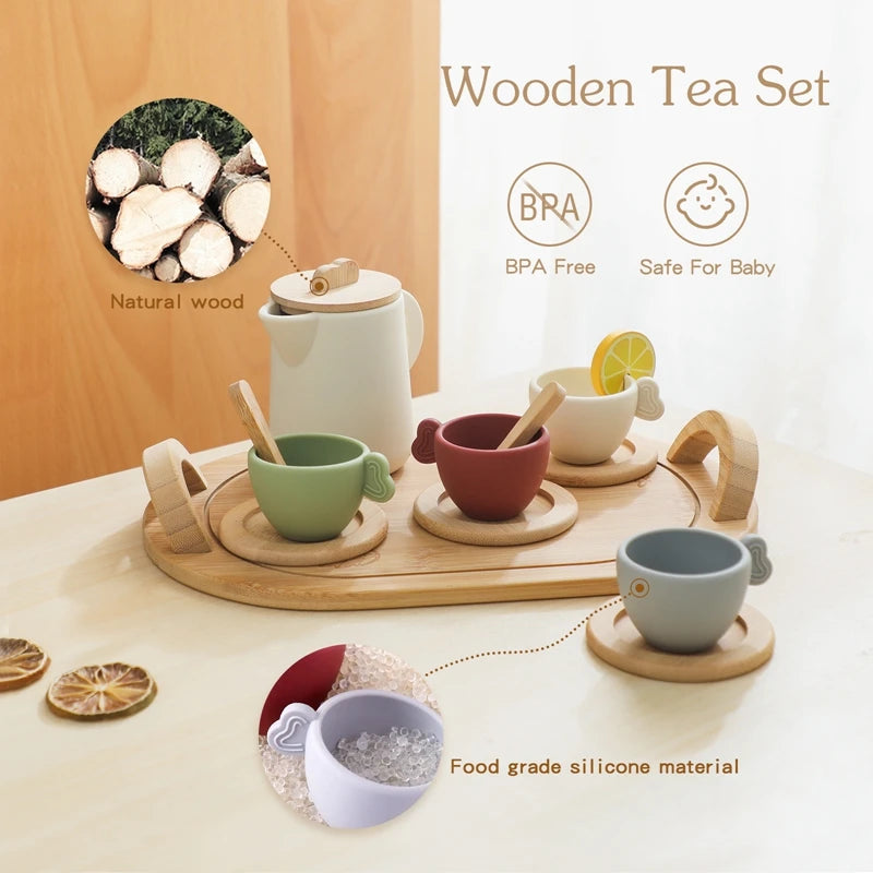 Wooden Children Montessori Toy Teapot Teacup Simulation Kitchen Utensil BPA Free Silicone Kid Education Pretend Play Toy Gift