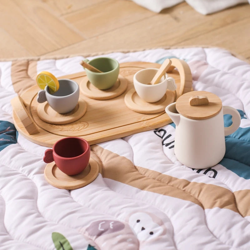 Wooden Children Montessori Toy Teapot Teacup Simulation Kitchen Utensil BPA Free Silicone Kid Education Pretend Play Toy Gift