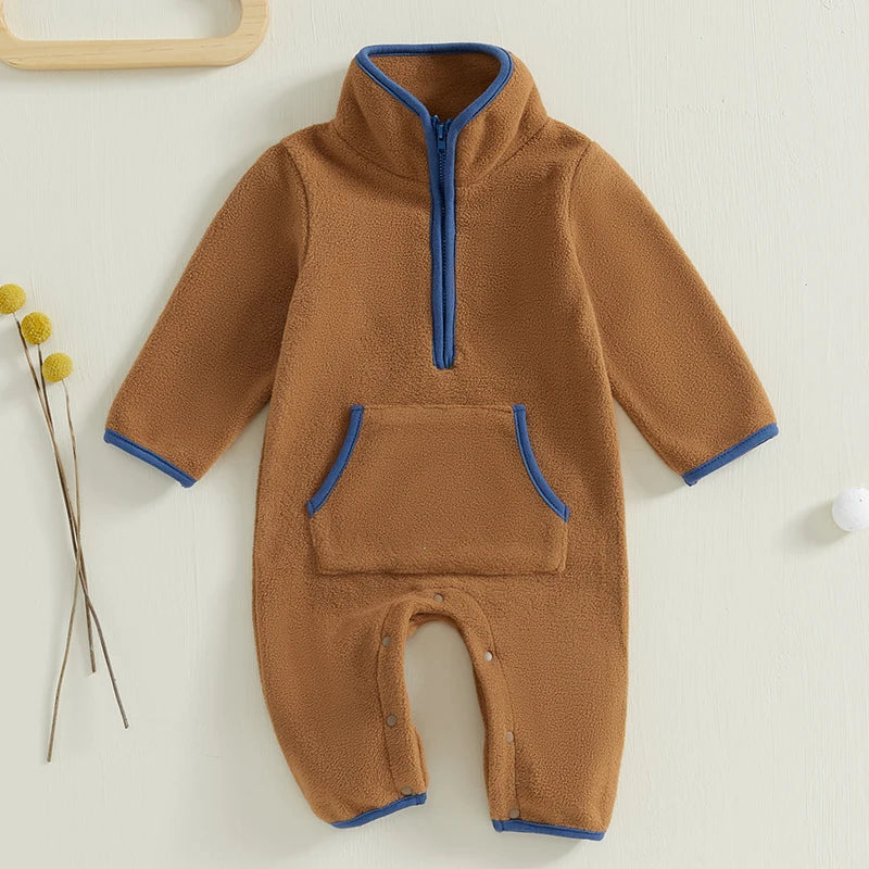 Lioraitiin 0-12M Autumn Winter Baby Boys Fleece Romper Long Sleeve Stand Collar Pockets Plush Overalls Jumpsuits with Zipper