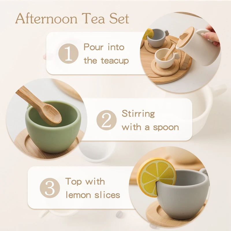 Wooden Children Montessori Toy Teapot Teacup Simulation Kitchen Utensil BPA Free Silicone Kid Education Pretend Play Toy Gift