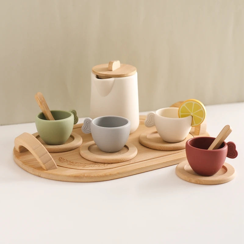 Wooden Children Montessori Toy Teapot Teacup Simulation Kitchen Utensil BPA Free Silicone Kid Education Pretend Play Toy Gift