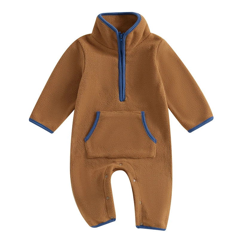 Lioraitiin 0-12M Autumn Winter Baby Boys Fleece Romper Long Sleeve Stand Collar Pockets Plush Overalls Jumpsuits with Zipper
