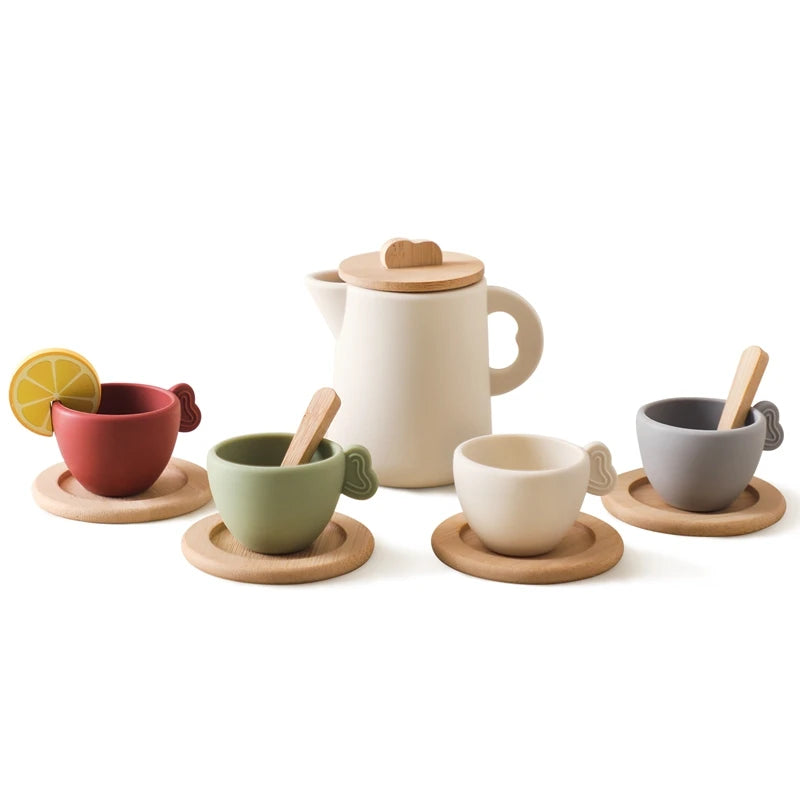 Wooden Children Montessori Toy Teapot Teacup Simulation Kitchen Utensil BPA Free Silicone Kid Education Pretend Play Toy Gift