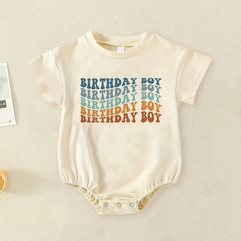 Birthday Boy Cute Retro Bubble Romper Wavy Letters Boys Birthday Jumpsuit Toddler Baby Short Sleeve Summer Oversized Jumpsuit