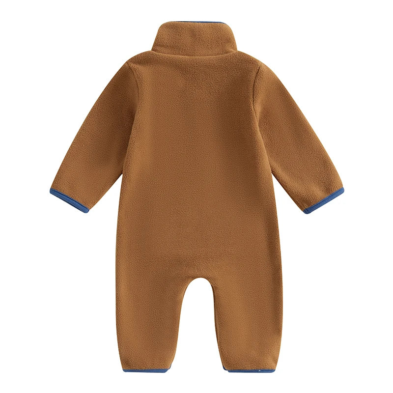 Lioraitiin 0-12M Autumn Winter Baby Boys Fleece Romper Long Sleeve Stand Collar Pockets Plush Overalls Jumpsuits with Zipper