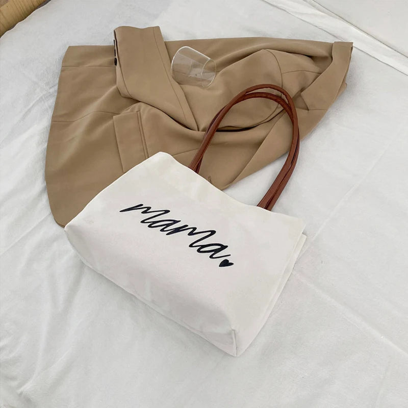 Mama Tote Bag Canvas Fashion Mommy Shoulder Bags Large Capacity Baby Care Diaper Storage Stroller Handbag Mother Gifts