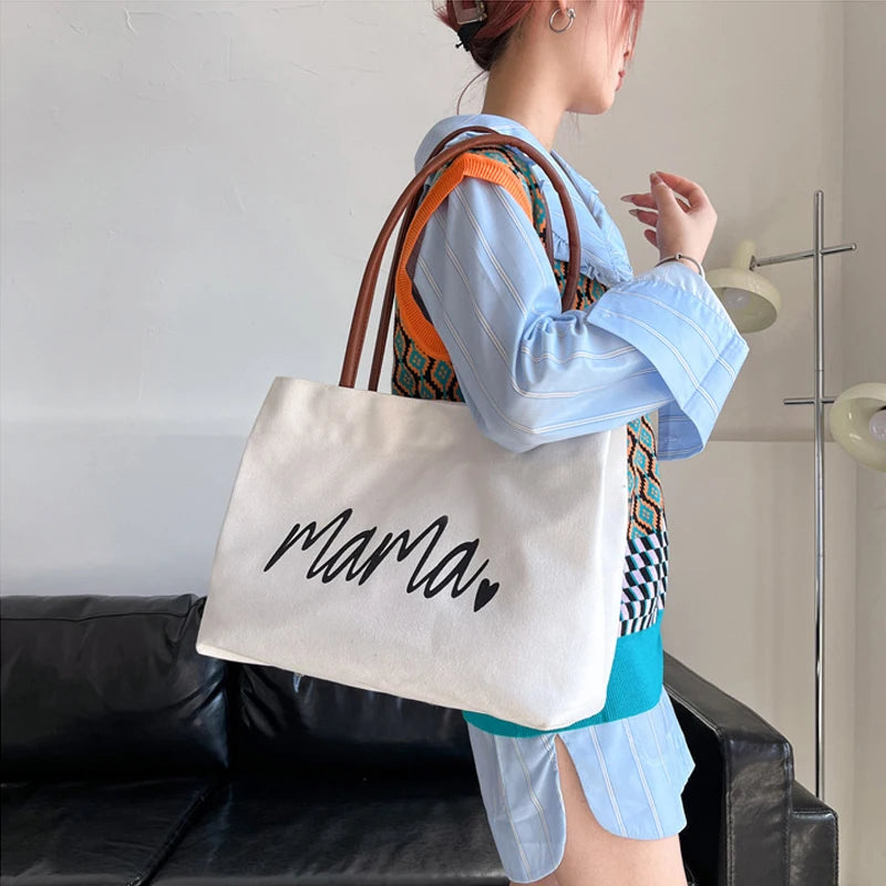 Mama Tote Bag Canvas Fashion Mommy Shoulder Bags Large Capacity Baby Care Diaper Storage Stroller Handbag Mother Gifts
