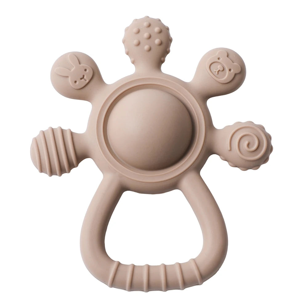 Silicone Teether,Food Grade Baby 0-12 Toys,Teething Rattle Sensory Toys for Toddlers,Silicone Hand Bell,Silicone Soothing Toys