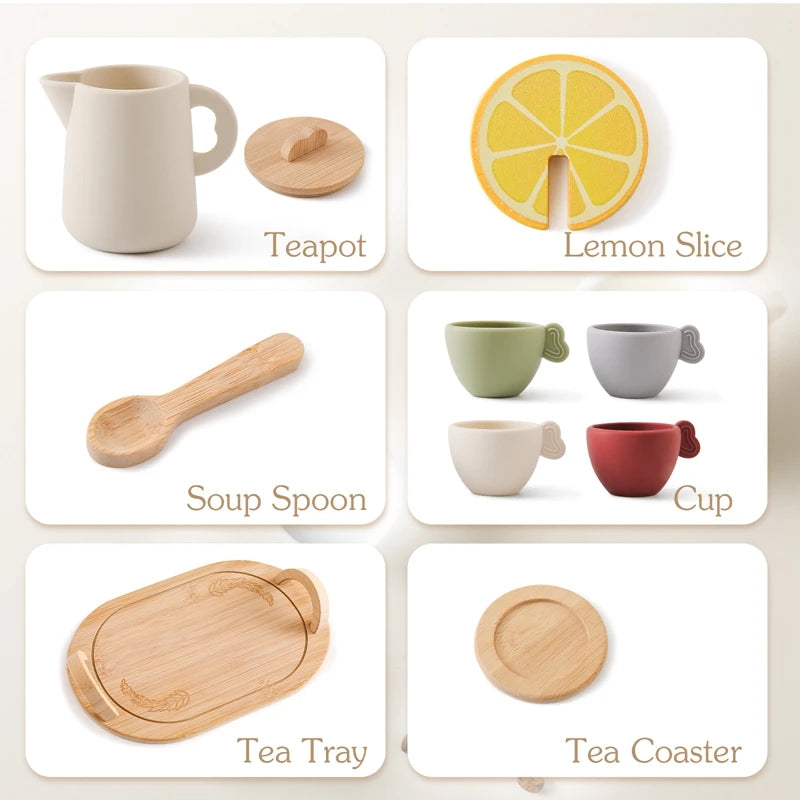 Wooden Children Montessori Toy Teapot Teacup Simulation Kitchen Utensil BPA Free Silicone Kid Education Pretend Play Toy Gift