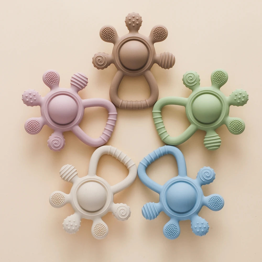 Silicone Teether,Food Grade Baby 0-12 Toys,Teething Rattle Sensory Toys for Toddlers,Silicone Hand Bell,Silicone Soothing Toys