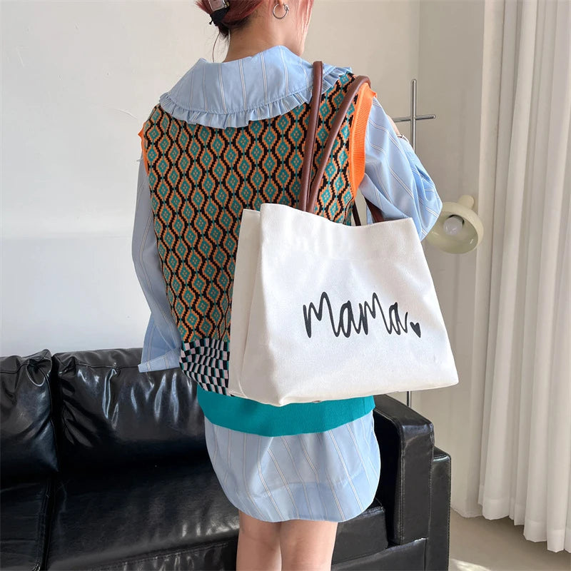 Mama Tote Bag Canvas Fashion Mommy Shoulder Bags Large Capacity Baby Care Diaper Storage Stroller Handbag Mother Gifts