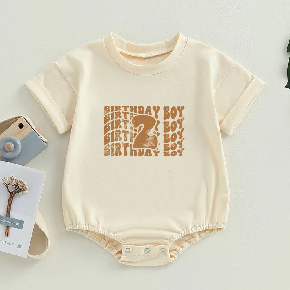 Birthday Boy Cute Retro Bubble Romper Wavy Letters Boys Birthday Jumpsuit Toddler Baby Short Sleeve Summer Oversized Jumpsuit