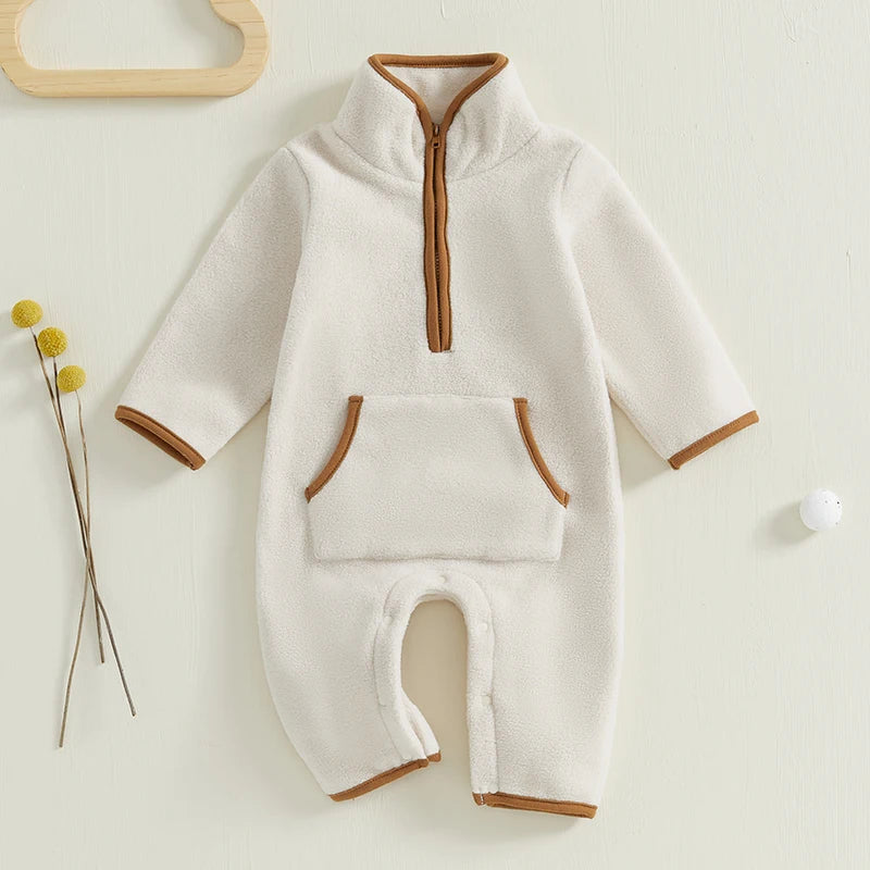 Lioraitiin 0-12M Autumn Winter Baby Boys Fleece Romper Long Sleeve Stand Collar Pockets Plush Overalls Jumpsuits with Zipper