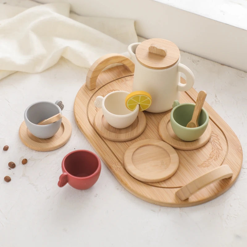 Wooden Children Montessori Toy Teapot Teacup Simulation Kitchen Utensil BPA Free Silicone Kid Education Pretend Play Toy Gift