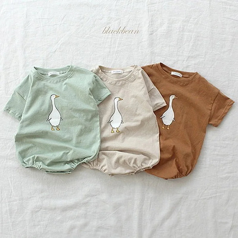 Korean Style Summer Baby Boy Bodysuit Cartoon Goose Print O-neck Short Sleeve Jumpsuit Newborn Cotton Crawling Clothes E7325
