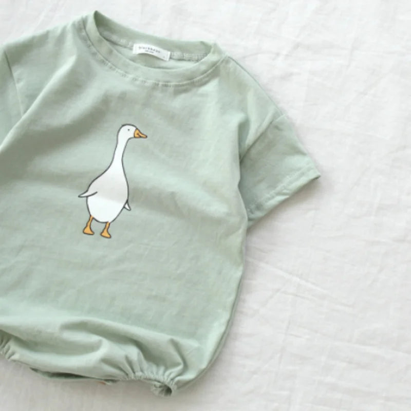 Korean Style Summer Baby Boy Bodysuit Cartoon Goose Print O-neck Short Sleeve Jumpsuit Newborn Cotton Crawling Clothes E7325