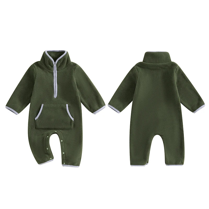 Lioraitiin 0-12M Autumn Winter Baby Boys Fleece Romper Long Sleeve Stand Collar Pockets Plush Overalls Jumpsuits with Zipper