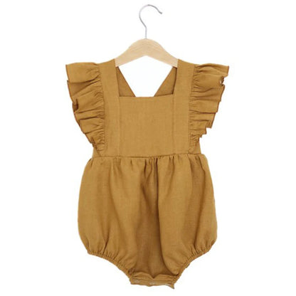 Vintage Linen Cotton Baby Girls Romper Summer Ruffles Lace Sleeveless Jumpsuit for Toddler Girls One-Piece Children Clothing