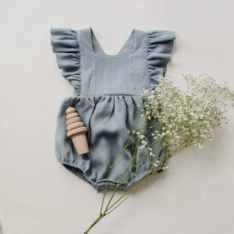 Vintage Linen Cotton Baby Girls Romper Summer Ruffles Lace Sleeveless Jumpsuit for Toddler Girls One-Piece Children Clothing