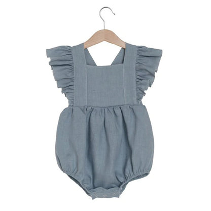 Vintage Linen Cotton Baby Girls Romper Summer Ruffles Lace Sleeveless Jumpsuit for Toddler Girls One-Piece Children Clothing