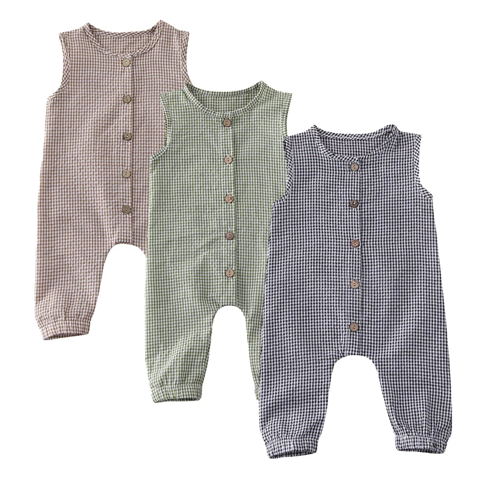 0-18M Baby Girl Boy Rompers Sleeveless Plaids Romper Cotton Jumpsuit Overall Casual Clothes