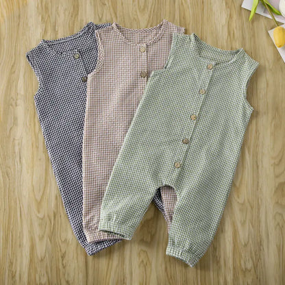 0-18M Baby Girl Boy Rompers Sleeveless Plaids Romper Cotton Jumpsuit Overall Casual Clothes