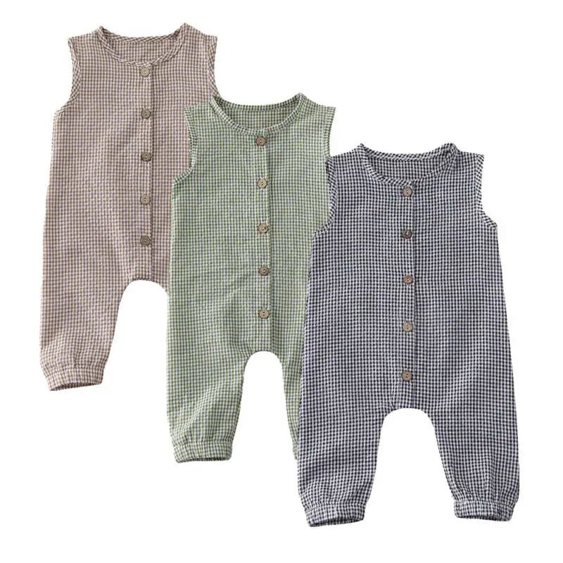0-18M Baby Girl Boy Rompers Sleeveless Plaids Romper Cotton Jumpsuit Overall Casual Clothes