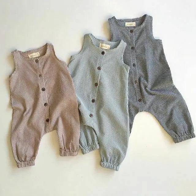0-18M Baby Girl Boy Rompers Sleeveless Plaids Romper Cotton Jumpsuit Overall Casual Clothes