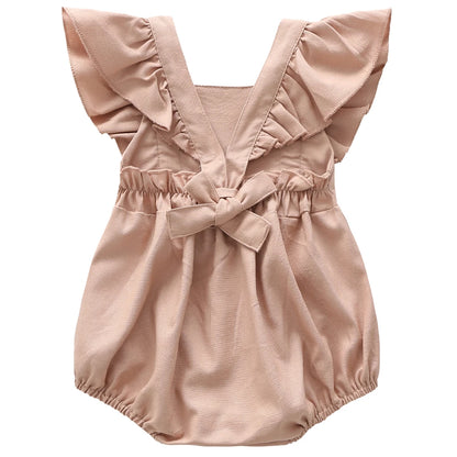Vintage Linen Cotton Baby Girls Romper Summer Ruffles Lace Sleeveless Jumpsuit for Toddler Girls One-Piece Children Clothing