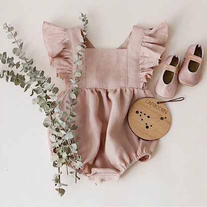 Vintage Linen Cotton Baby Girls Romper Summer Ruffles Lace Sleeveless Jumpsuit for Toddler Girls One-Piece Children Clothing