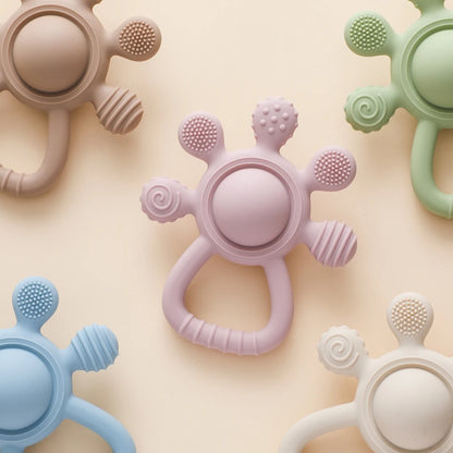 Silicone Teether,Food Grade Baby 0-12 Toys,Teething Rattle Sensory Toys for Toddlers,Silicone Hand Bell,Silicone Soothing Toys