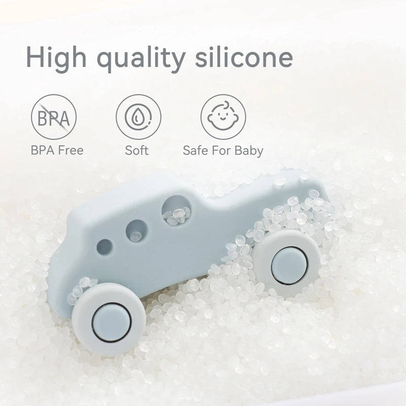 Baby BPA Free Silicone Car Ambulance Toys Wooden Cartoon Bus Teether Educational Montessori Toys For Children Teething Baby Toys