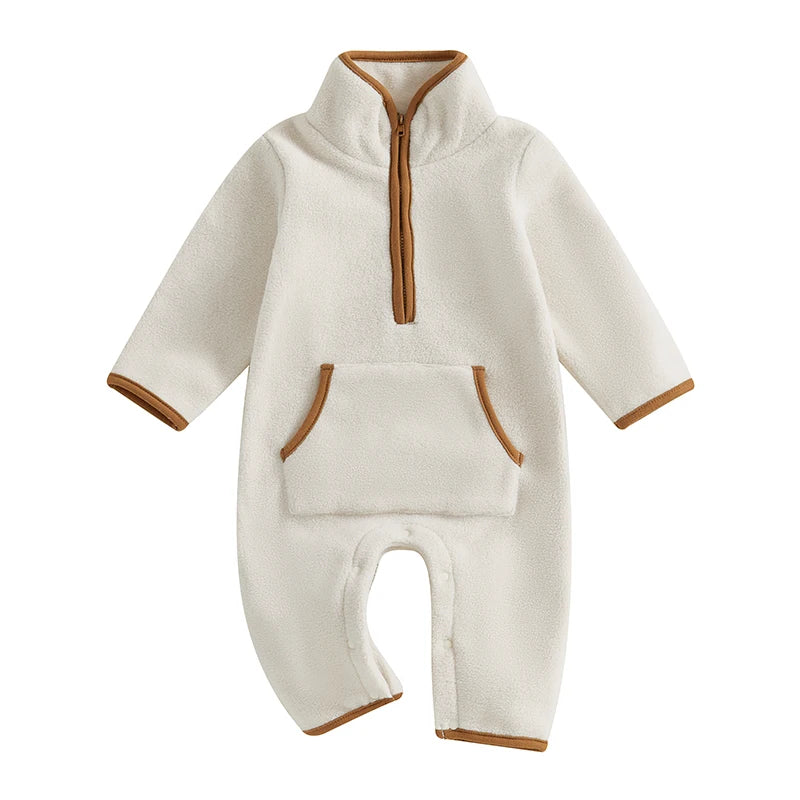 Lioraitiin 0-12M Autumn Winter Baby Boys Fleece Romper Long Sleeve Stand Collar Pockets Plush Overalls Jumpsuits with Zipper