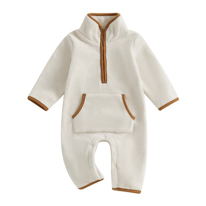 Lioraitiin 0-12M Autumn Winter Baby Boys Fleece Romper Long Sleeve Stand Collar Pockets Plush Overalls Jumpsuits with Zipper