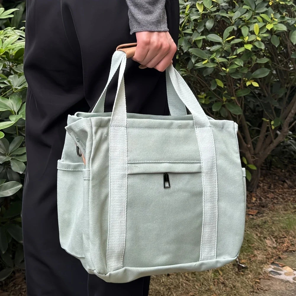 Women's Casual Canvas Crossbody Tote Bag With Multiple Pockets, Adjustable Shoulder Strap, Versatile Handbag For Daily Use