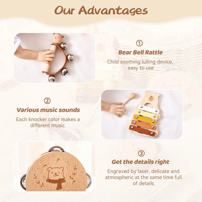 Kids Wooden Montessori Toys Musical Instruments Rattle Bell Drum Xylophone Percussion for Baby Early Educational Instruments Toy