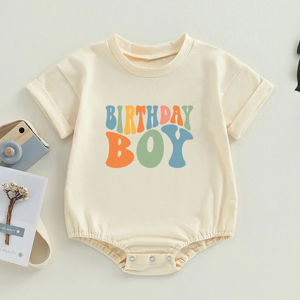 Birthday Boy Cute Retro Bubble Romper Wavy Letters Boys Birthday Jumpsuit Toddler Baby Short Sleeve Summer Oversized Jumpsuit