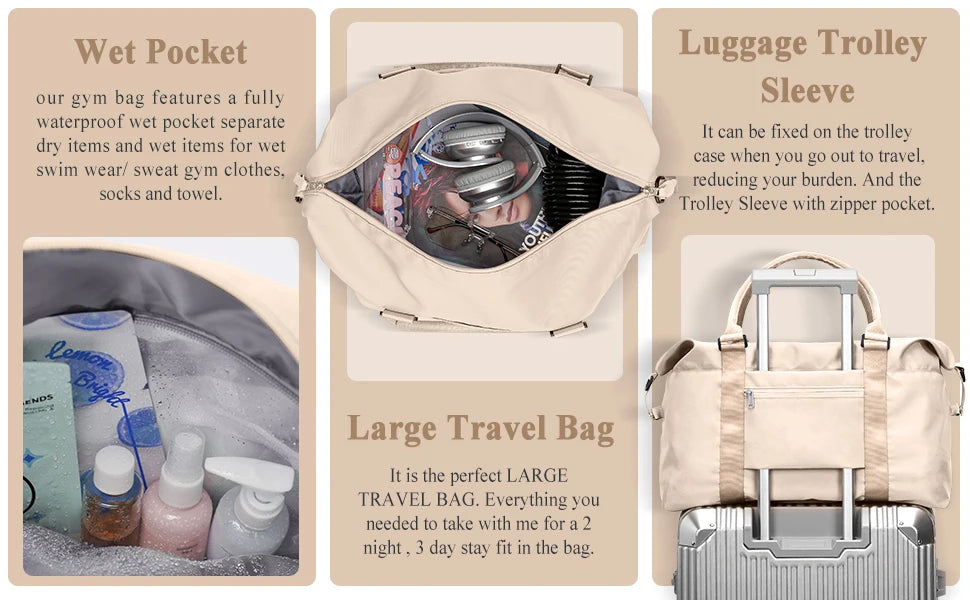 Travel Duffel Bag, Sports Tote Gym Bag, Shoulder Weekender Overnight Bags for Women with Trolley Sleeve, Foldable Carry on Bag